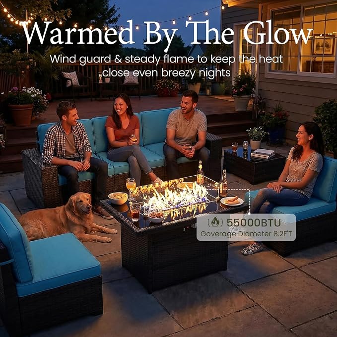LayinSun 13 Pieces Outdoor Patio Furniture Set with 44" Fire Pit Table Brown Rattan Sectional Sofa Conversation Sets