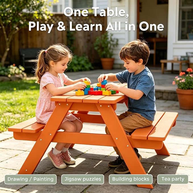 WestinTrends Malibu Outdoor Patio and Indoor Kids HDPE Plastic Picnic Bench Table, Orange