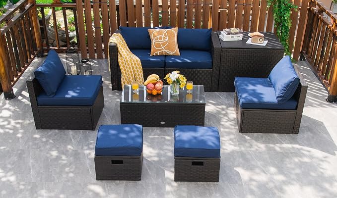 RELAX4LIFE 8-Piece Patio Furniture Set - PE Wicker Conversation Set w/Cushions, Pillows, Tempered Glass Table, Storage Box, Outdoor Sectional Sofa Set for Yard, Deck (Navy Blue)