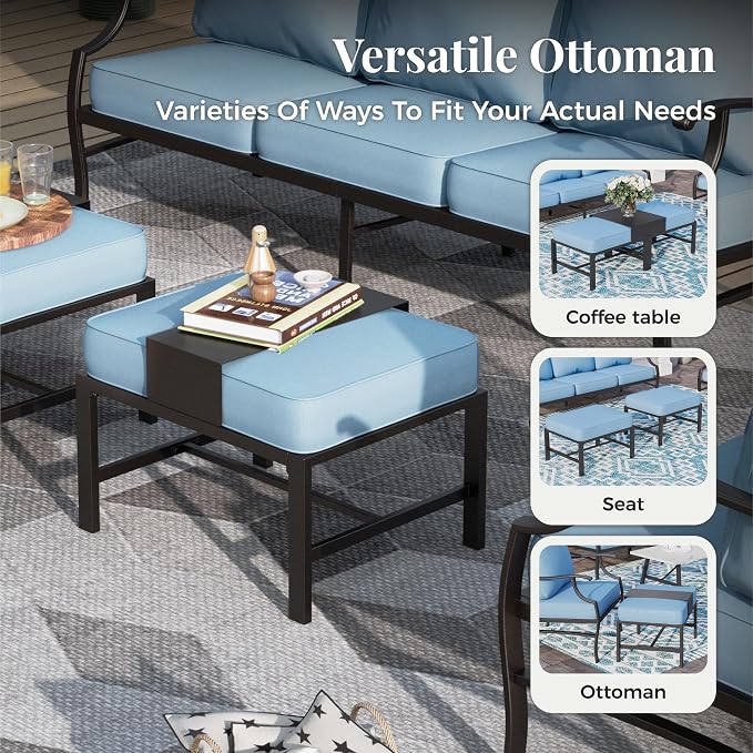 MIXPATIO Patio Furniture Set 6 pcs, Outdoor Patio Furniture, 3-Seat Sofa, 2 Rocking Chairs, 2 Ottomans, Coffee Table and 5.75" Extra Thick Cushion, Patio Conversation Set for Backyard Deck,Blue