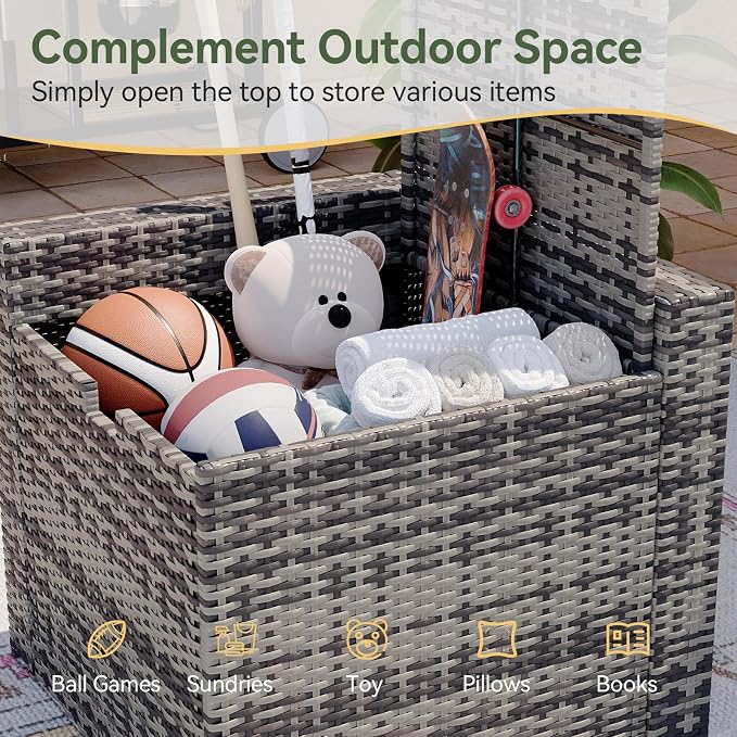 Aoxun Outdoor Wicker Storage Coffee Table, All-Weather Side Table with Waterproof Cover, for 25.8" High-Back Sofas Grey
