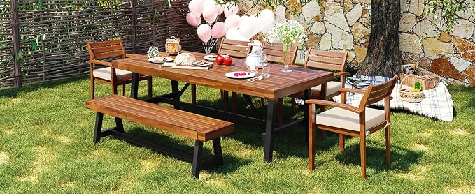 GO Outdoor 7-Piece Acacia Dining Set with Cushions, Ergonomic Chairs, Thick Table, Adjustable Feet for Patio Deck