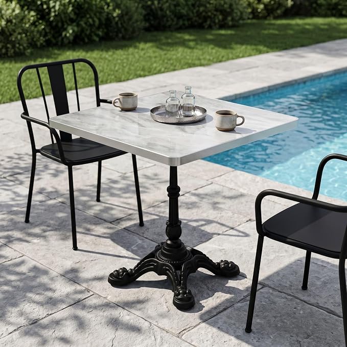 31.5" Square Outdoor Patio Dining Bistro Table, Sintered Stone Top | Glossy sintered stone top, cast iron tulip base, compact size for patio, balcony, garden, or café use, 2-4 People Dining