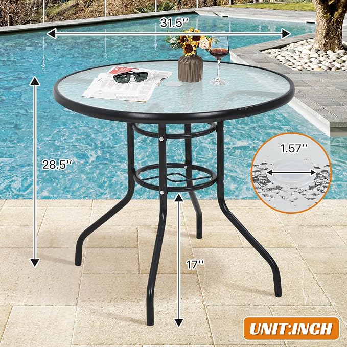 Outdoor Patio Table with Umbrella Hole, 32 inches Tempered Glass Top Round Patio Table,Conversation Coffee Table Metal Steel Frame All-Weather Furniture for Balcony, Backyard, Poolside (Round)