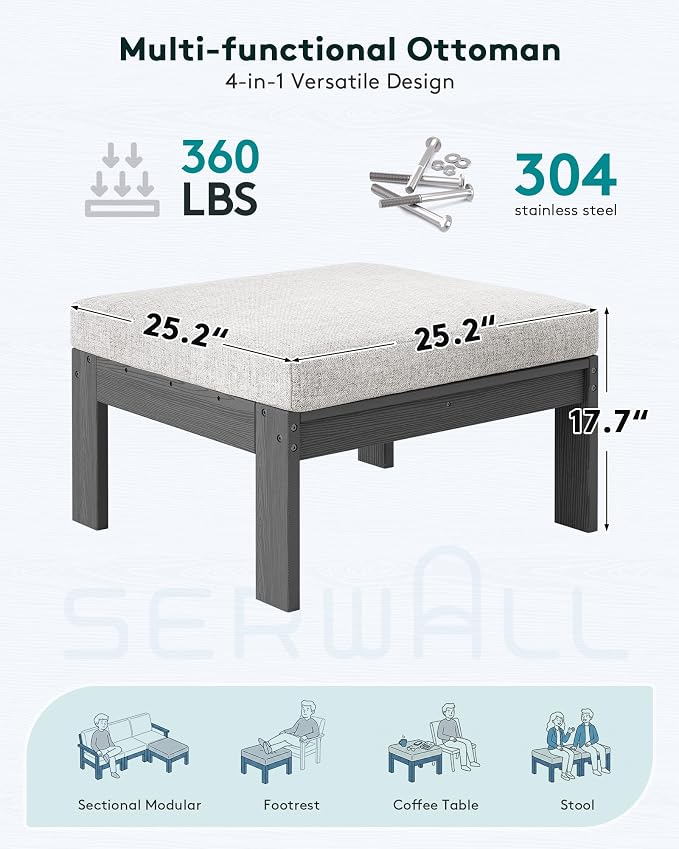 SERWALL HDPE Outdoor Ottoman with Cushions