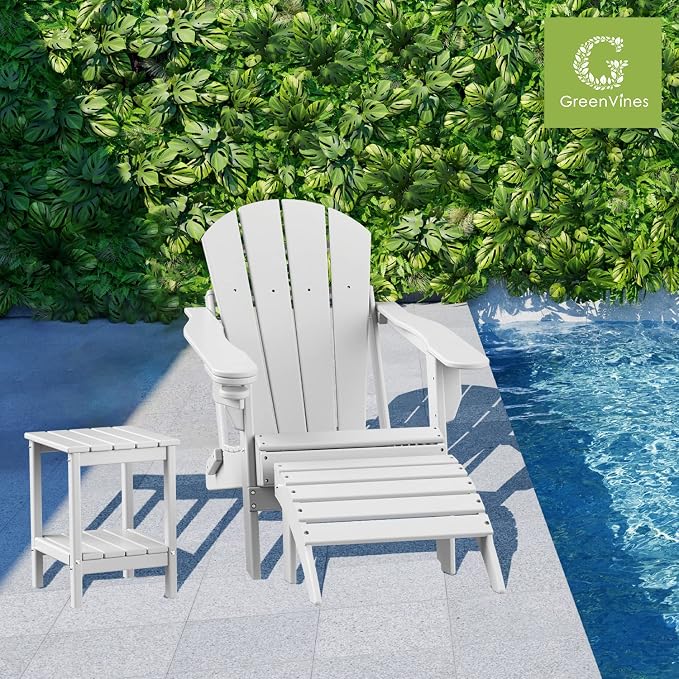 GREENVINES Adirondack-Outdoor-Side-Table | 14 x 13 Inches | HDPE Plastic | All Weather | White | Outside End Tables | Storage Shelf | for Patio Porch Backyard Indoor