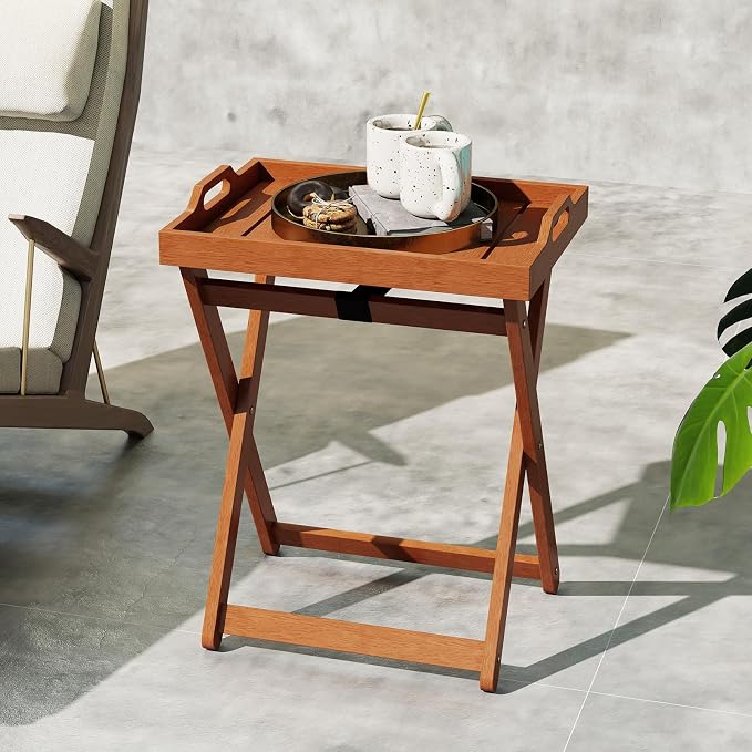 Tangkula Outdoor Wood Tray Table, Patio Portable Side End Table with Removable Serving Tray and Folding Frame, Outside Coffee Bistro Furniture for Porch, Balcony and Garden (1)
