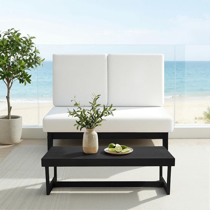 All Weather Patio Furniture Sets, 4 Pieces Black Wood Outdoor Sectional Futniture Patio Sofa Chair Backyard Conversation Set with Solid Wooden Coffee Table - Beige