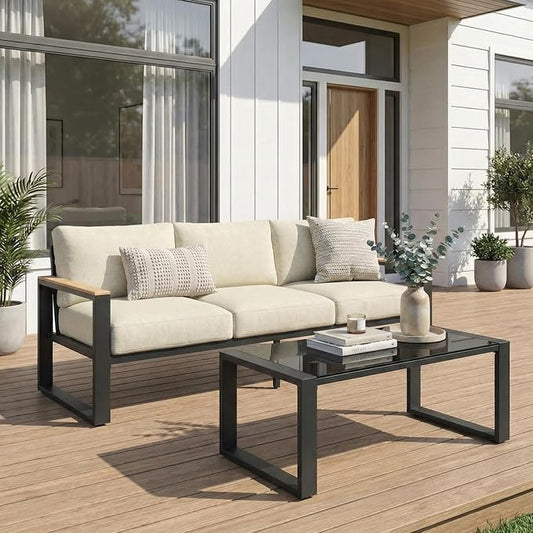 RoyalCraft Aluminum Outdoor Patio Furniture Set with Height-Adjustable Footrest, 3-Seats All-Weather Patio Sofa Sets with Coffee Table for Porch Backyard Garden Patio, Beige