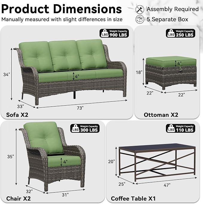 7 Piece Outdoor Wicker Patio Furniture Set, Patio Chairs Set with Thickened Olefin Cushions, High Back and Deep Seating, Hand-Woven PE Rattan, Ottoman for Porch, Deck