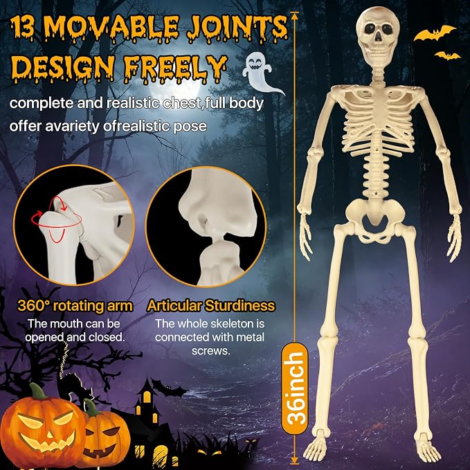 HBSTK 36 Inches Motion&Sound Activated Moving Jaw&Speaking&Glowing Eyes Pose-N-Stay Halloween Skeleton Life Size Full Body Posable Movable Jonints Halloween Decoration Décor