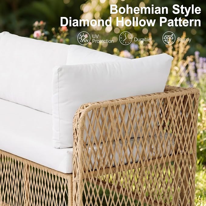 Patio Furniture Set 6-Seater Large Outdoor Sectional Modular L-Shaped Outdoor Furniture with Thick Cushion All Weather Wicker Boho Patio Conversation Sets for Deck, Backyard