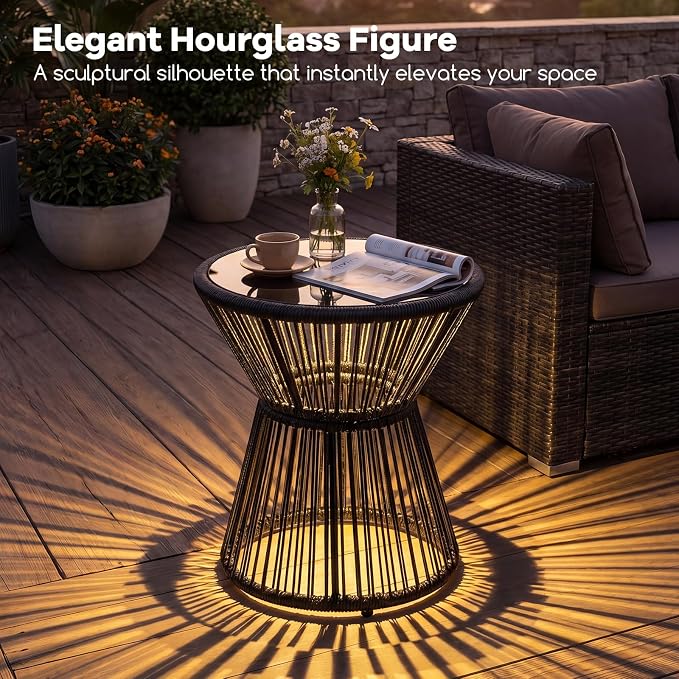 Tangkula Outdoor Side Table with LED Warm Light, PE Rattan Hourglass-Shaped End Table with Tempered Glass Top, Battery Operated Accent Coffee Table for Patio, Porch, Balcony & Living Room (1)