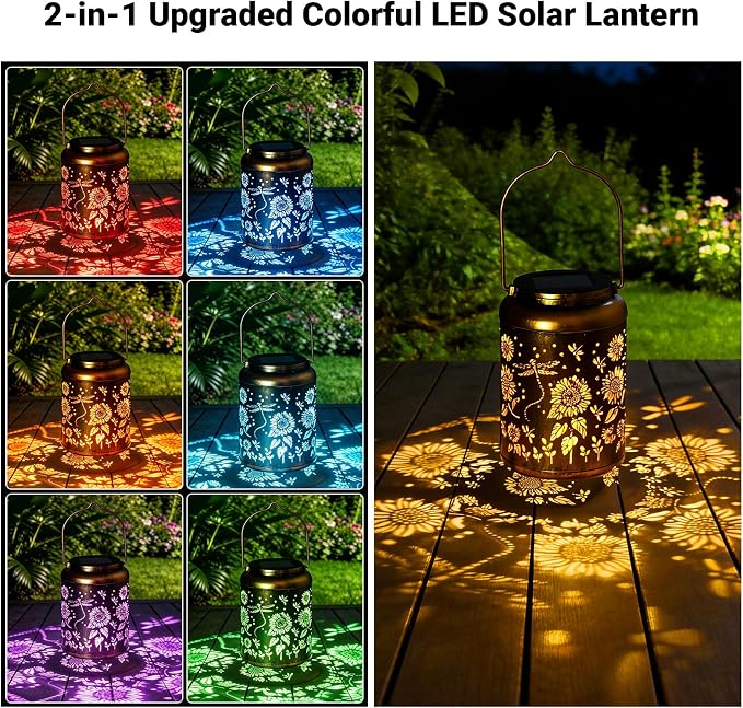 2 Pack Waterproof Dragonfly Solar Lantern Outdoor Hanging Garden Light | Colorful LED metal Dragonfly lantern; durable, waterproof outdoor decor perfect for patio, yard, or as a gift for women