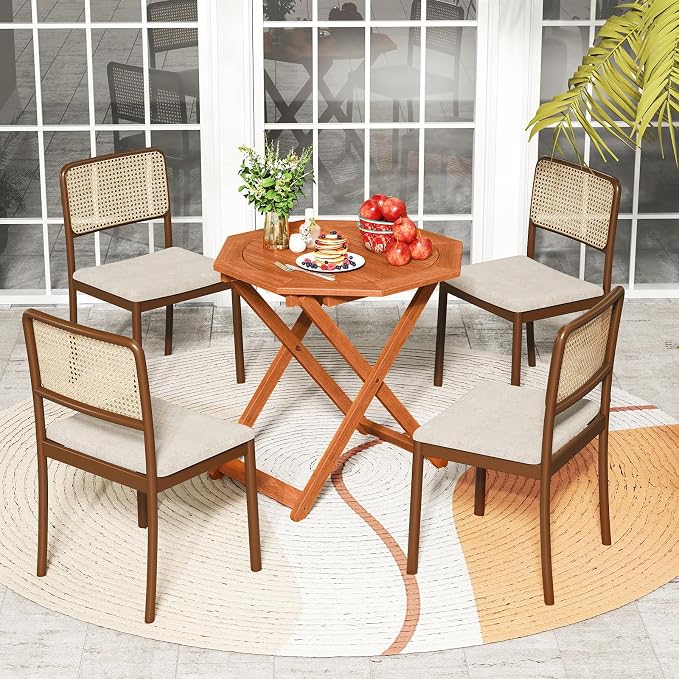 Tangkula 32-Inch Octagon Folding Outdoor Dining Table, Wood Patio Bistro Table with 2" Umbrella Hole and Slatted Tabletop, Outside Table for Garden, Yard, Porch, Teak Oil Finish, No Assembly Required