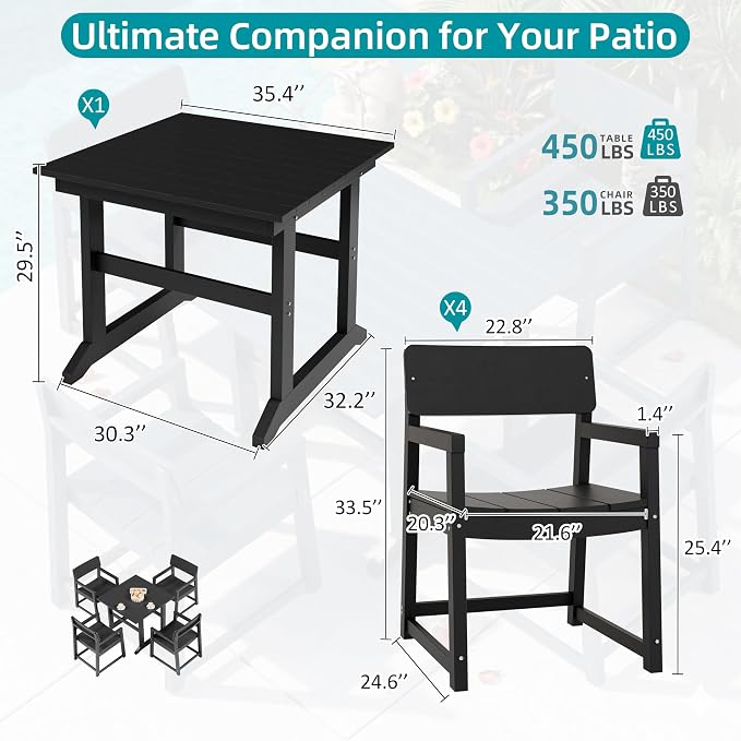 JAMFLY 5 Piece Outdoor Dining Set, All Weather Patio Table and Chairs for Backyard Garden Deck Lawn Pool, Sturdy All Weather Outdoor Furniture Set, Black