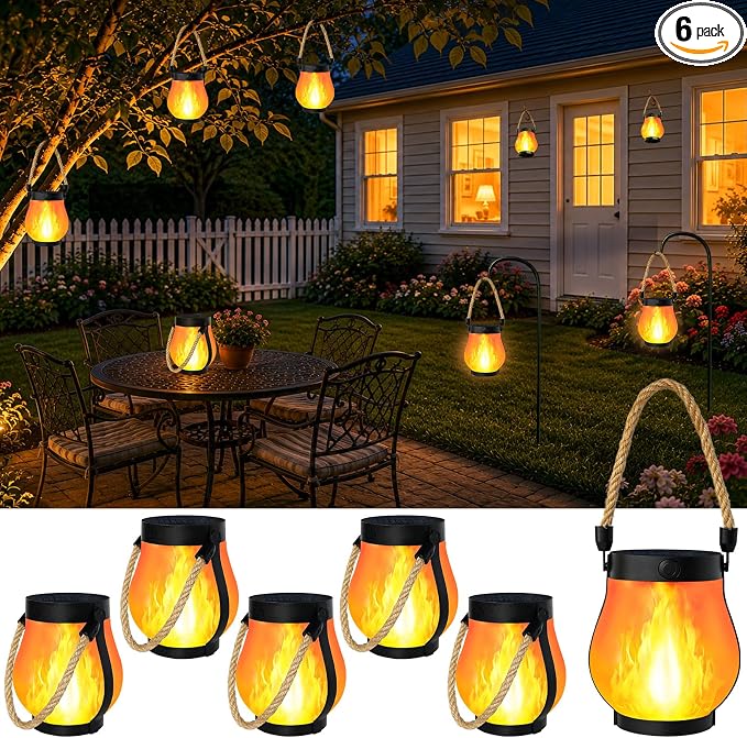 6 Pack Solar Lanterns Outdoor Waterproof, Solar Flame Lanterns with 2 Modes | Ultra-Real Flame, USB/Solar Charging, IP65 Waterproof, Hanging/Table Solar Lights Outdoor for Tree Garden Porch Yard Patio