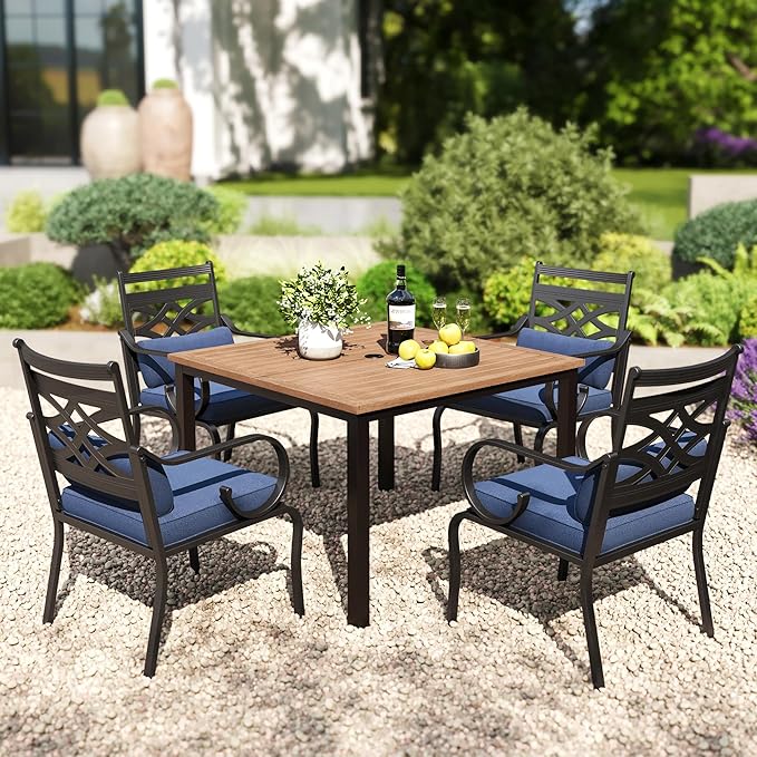 PHI VILLA Patio Dining Set, Square Metal Table | Metal chairs, Blue, Umbrella Hole, Cushions, E-coated