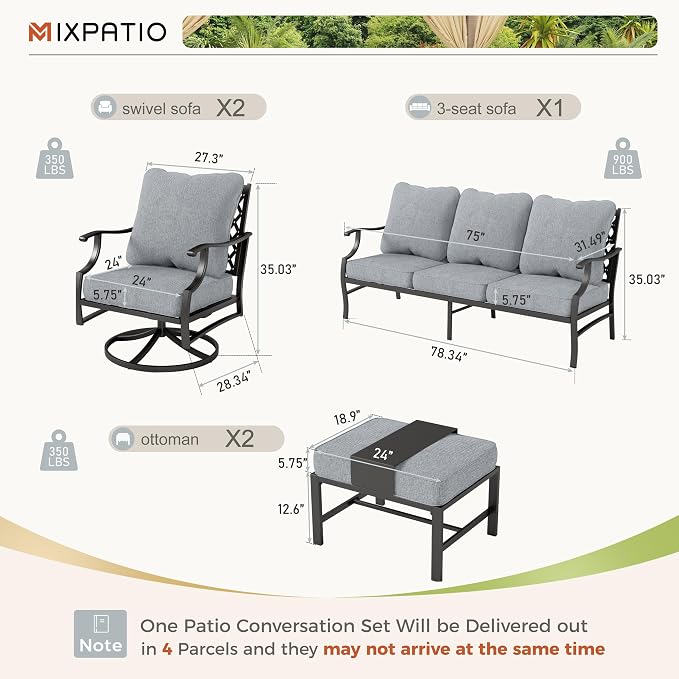 MIXPATIO Patio Furniture Set 5 pcs, Outdoor Patio Furniture, 3-Seat Sofa, 2 Swivel Chairs, 2 Ottomans and 5.75" Extra Thick Cushion, Patio Conversation Set for Garden Backyard Deck,Grey