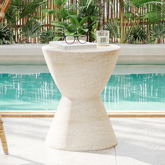 Outdoor Side Table Faux Marble Side Tables Travertine End Table Round Small Coffee Tables for Patio, Garden Stool Plant Stand for Porch, Backyard, Magnesium Oxide，Hourglass,Waist Drum