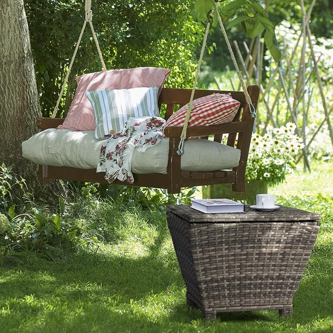 VINGLI Outdoor Side Table with Storage, 13-Gallon Patio Deck Box Outdoor Wicker Side Table for Poolside Balcony Storage Table (Grey, Trapezoid)