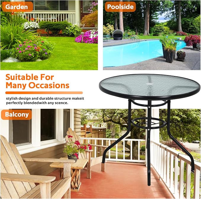 Round Patio Table with Umbrella Hole, Patio Dining Table Glass Patio Table, Glass Metal Table Dining Furniture for Lawn Balcony, Yard(Round)