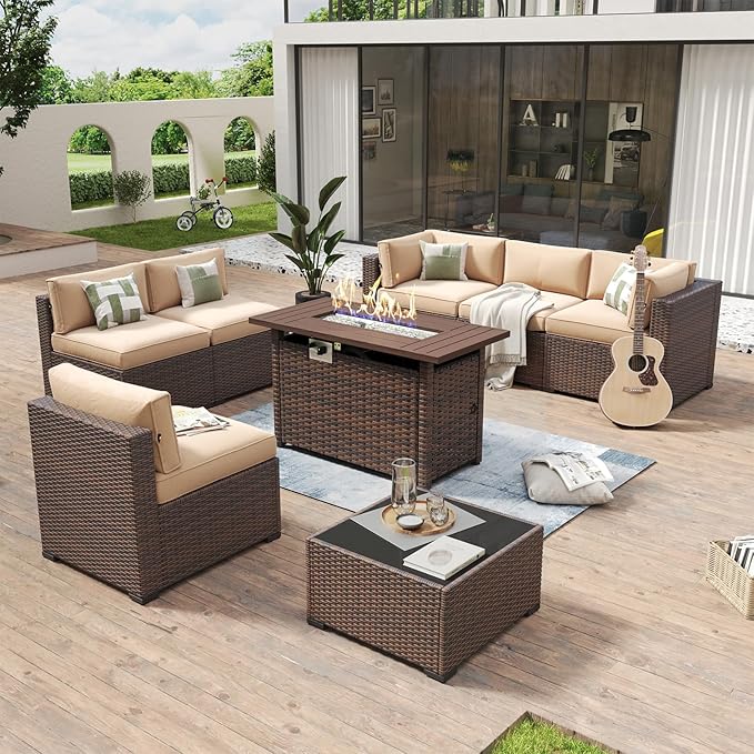 Aoxun 8 Piece Patio Furniture Set with 44” Fire Pit Table Wicker Rattan Outdoor Sectional Sofa Set with Coffee Table and Thickened Cushions, Beige
