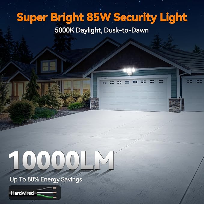 85W 10000LM Switch Controlled Outdoor Flood Lights, 4-Head Super Bright LED Security Light, 5000K Daylight, IP65 Waterproof Hardwired Exterior Light for Outside Garage Yard (White)