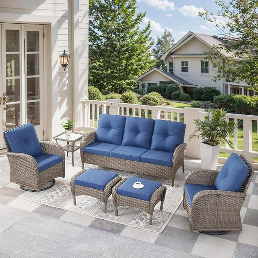 6 Pieces Outdoor Furniture-Patio Swivel Rocker Chairs Set of 2 3-Seater Wicker Couch with Outdoor Ottoman Outdoor Patio Furniture Set for Deck Porch Garden Balcony Poolside-Grey/Blue