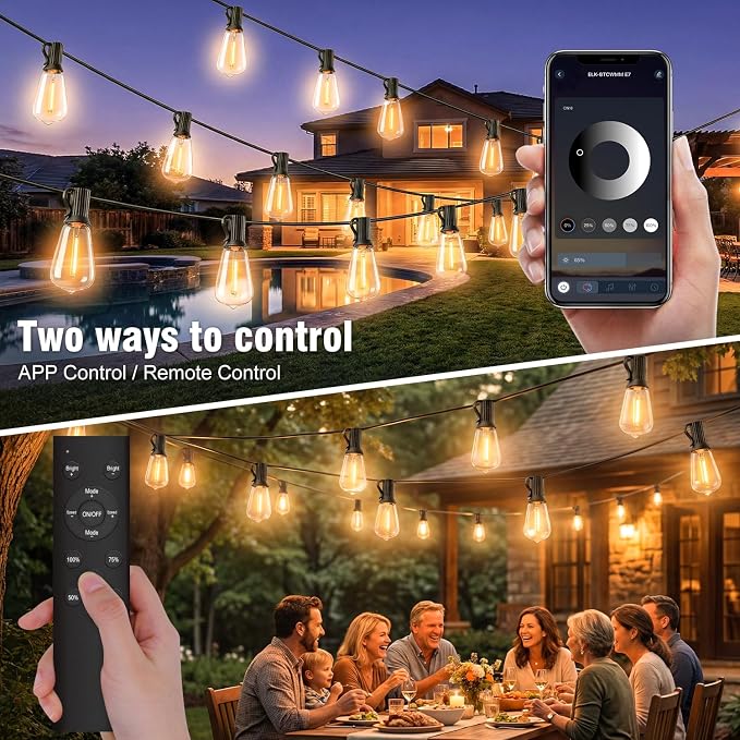 Outdoor String Lights 25FT, APP & Remote Control Dimmable Patio Lights, Plug in LED String Lights with Timer, Waterproof Backyard Pergola Garden Party Decor