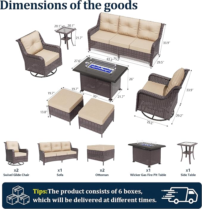 7-Piece Patio Furniture Set,Outdoor Conversation Sets w/Fire Pit Table&High Back Wicker Swivel Rocker Chairs,All-Weather Wicker Sectional Sofa for Deck,Yard and Poolside,Sand
