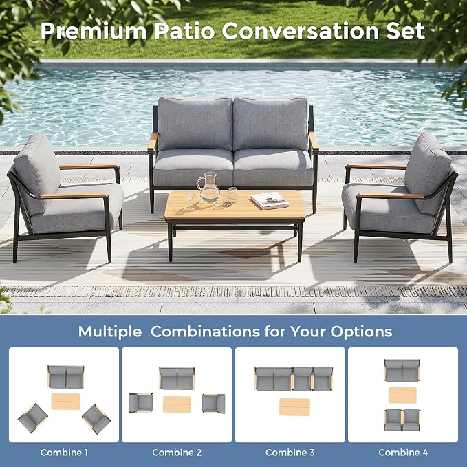 Jocoevol 4 Pieces Outdoor Sofa Conversation Set, 4 Seats Couch Set with Table, Metal Frame Rope Weaving Design UV Resistance Waterproof for Patio Garden Balcony, Grey