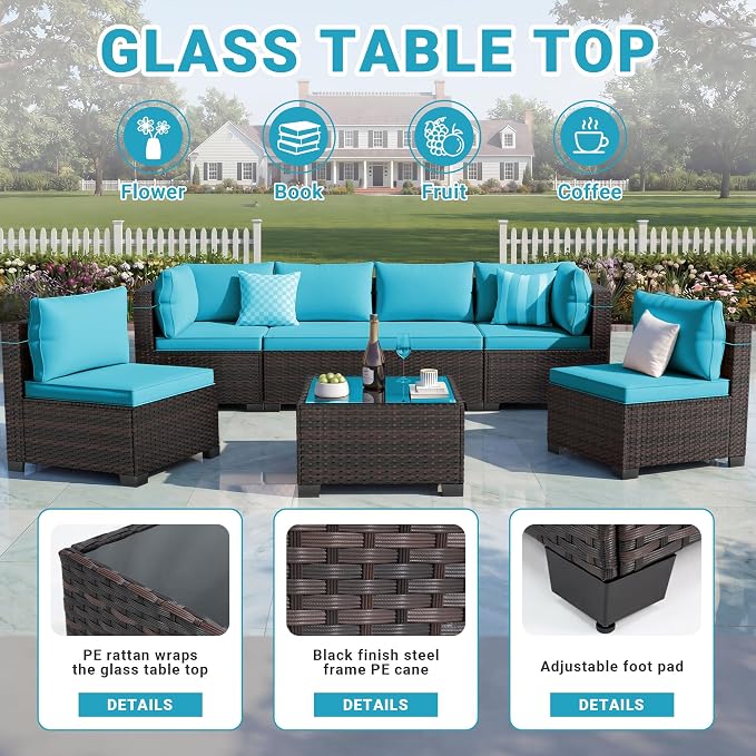 LAFWLL 7 Pieces Outdoor Patio Furniture Sets,Rattan Conversation Sectional Set,Manual Weaving Wicker Patio Sofa with Tea Table