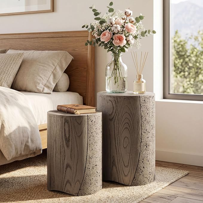 COSIEST MgO Concrete Round Side Table, Outdoor Patio Accent End Table Set of 2, Modern Coffee Table for Garden Balcony Backyard, Gray