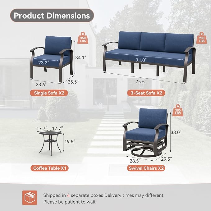Kurapika Aluminum Patio Furniture Set 10-Seat Modern Metal Outdoor Conversation Sets w/Swivel Rocking Chairs Patio Sectional Sofa w/5.1 Inch Cushion, Navy Blue