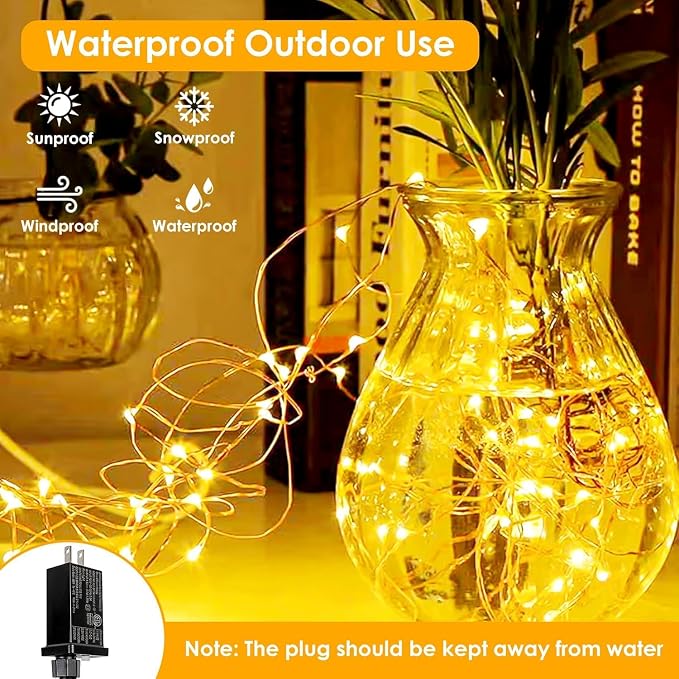 33FT 100 LED Fairy Lights Plug in, 8 Modes Twinkle Lights Warm White | Waterproof String Lights Outdoor Indoor, Memory, Timer, Copper Wire, Christmas Lights for Bedroom Garden Party Holiday Decor