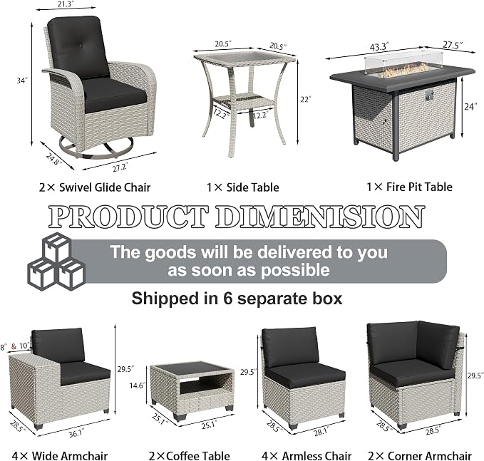 16-Piece Outdoor Patio Furniture Set, Modular Sectional Sofa Set with Swivel Rocker Chairs & Fire Pit, Wicker Outdoor Couch Conversation Sets w/Coffee Table and Cushions, Black
