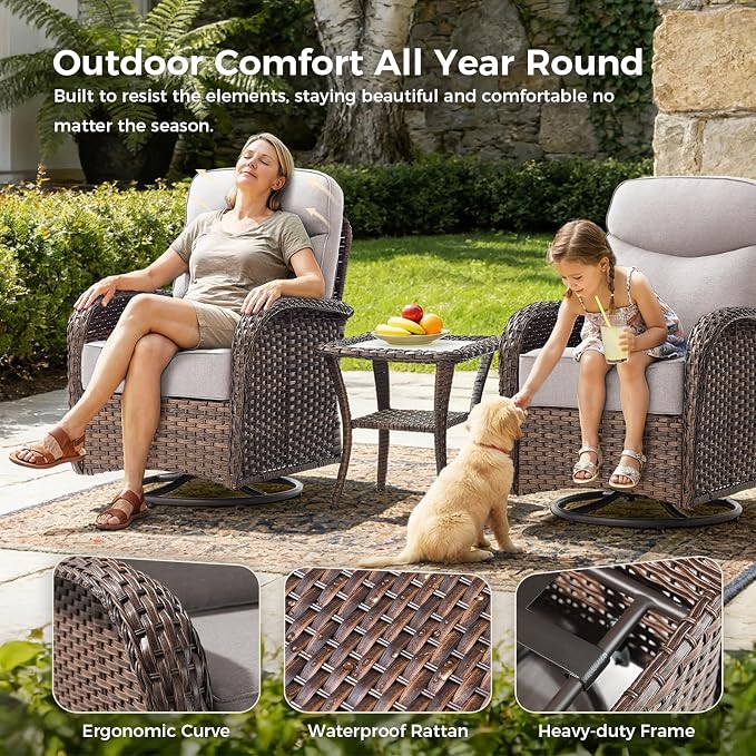 Luxury Outdoor Swivel Rocker Patio Chairs with 6-Inch Thick Cushions, High Back Swivel Glider Patio Chairs, 3PCS Wicker Outdoor Furniture Set for Porch, Patio, Yard, Deck, Poolside, Brown/Beige