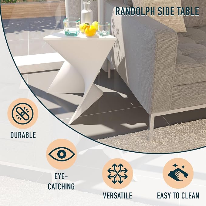 LeisureMod 15.75" Triangular Side Table, Stackable Plastic Accent End Table for Indoor & Outdoor Use, Weather-Resistant Modern Patio & Living Room Table, White