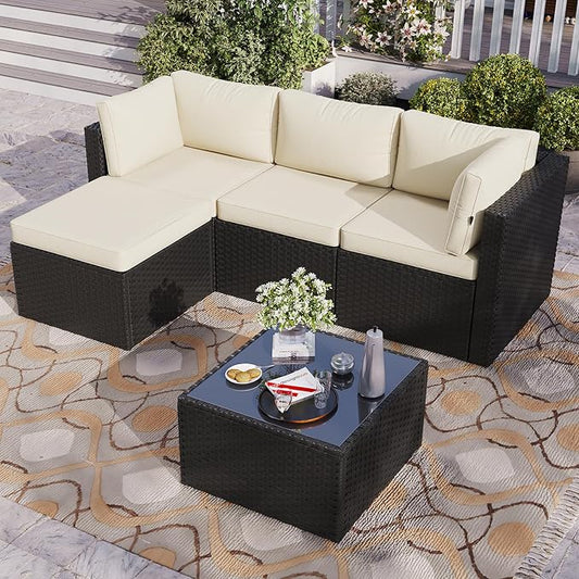 Aoxun Patio Furniture Set 5-Piece, Outdoor Sectional Sofas with Washable Cushion, Wicker Rattan Patio Conversation Sets for Backyard Porch and Poolside, Beige