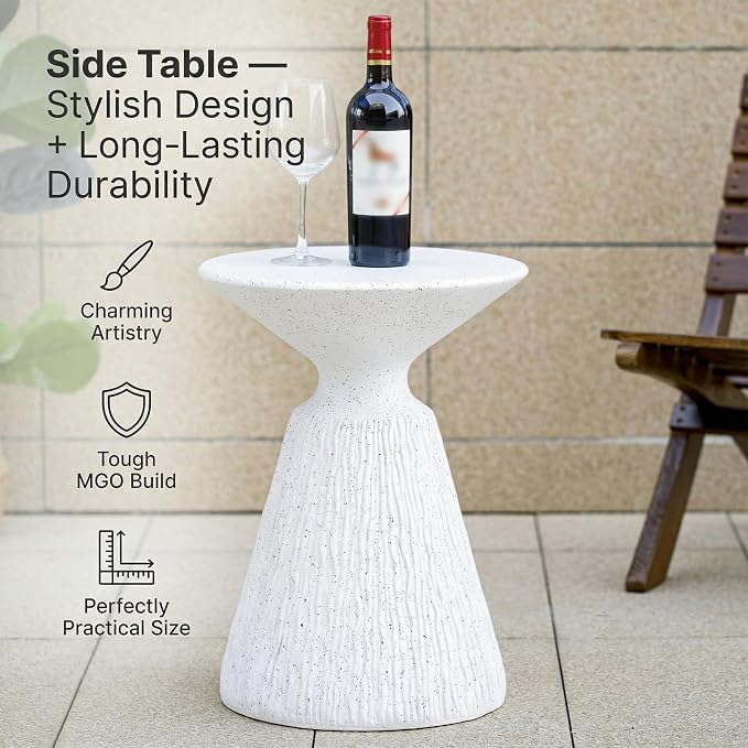 Polibi Retro Speckled MGO Side Table, All-Weather White Marble Textured End Table with Vertical Pedestal, Bohemian Outdoor Accent Table for Patio, Garden, Living Room and Office, Weather Resistant