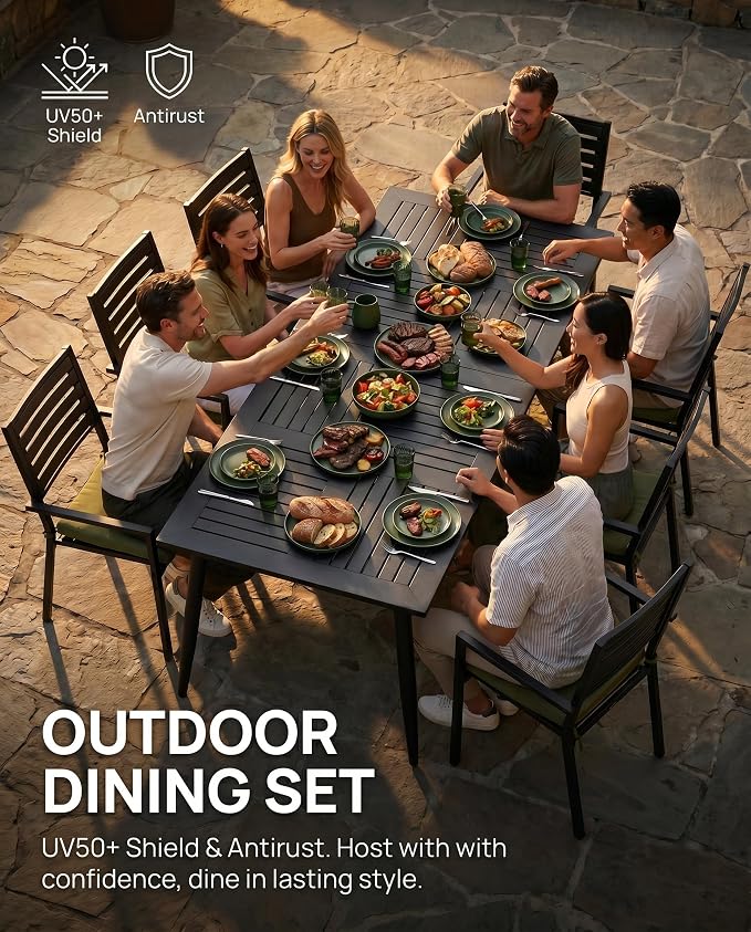 10 Piece Outdoor Dining Set All Weather Patio Dining Set with HDPE Wood-Like Tabletop, Rustproof Metal Outdoor Table and Chairs with 8 Stackable Chairs for Garden Backyard, Black