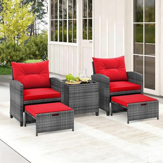 COSTWAY 5-Piece Rattan Conversation Set, Outdoor Wicker Sofa, Tempered Glass Coffee Table & Ottomans for Small Space, Boho Chic Indoor/Outdoor Furniture Set for Poolside, Backyard, Deck (Red)