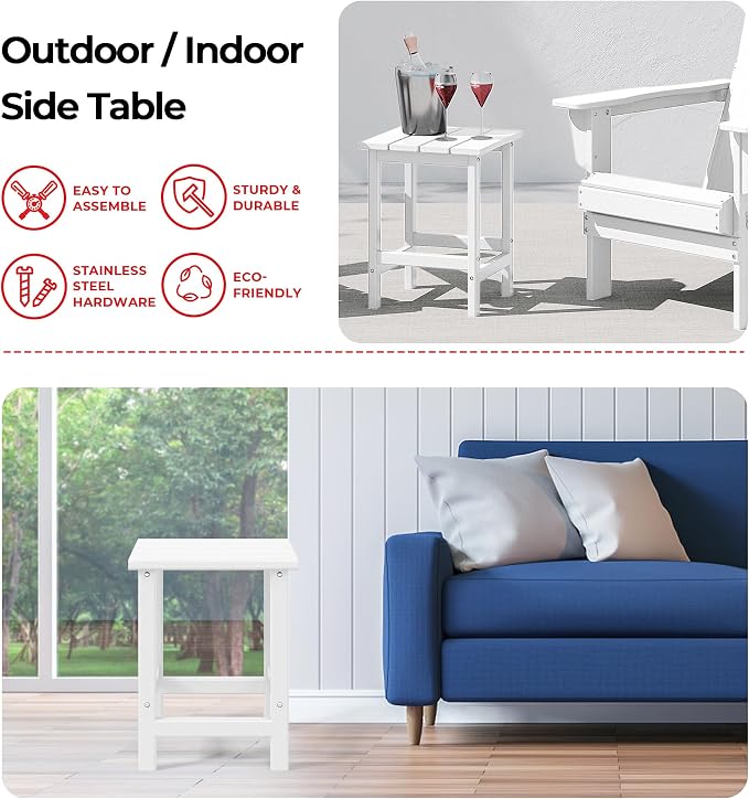 Costaelm Square Outdoor Side Tables, Adirondack Patio Tables for Outside, HDPE Patio End Table Weather Resistant, Balcony Table for Pool, Seaside, Backyard, Porch, Indoor Companion, White
