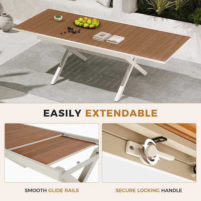 Grand patio Expandable Patio Dining Table, Extra Large 94.5" L x 37" W Outdoor Dining Table for 6-10 Person Wood Grain Rectangular Patio Table with E-Coating for Garden Porch Deck, Apricot