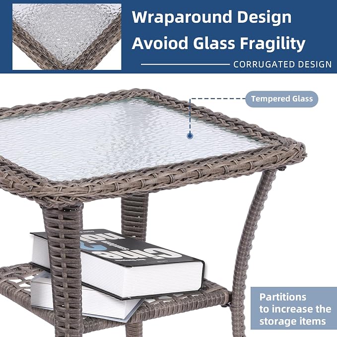 3-Piece Patio Wicker Conversation Bistro Set, Rattan Gliding Rocking Swivel Chairs with Cushion and Glass Top Side Table Outdoor Furniture Sets for Garden Backyard, Grey