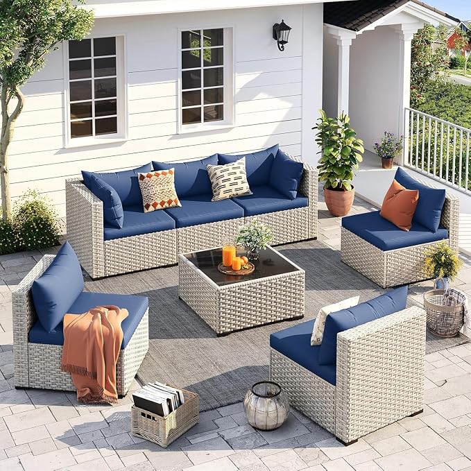 7-Piece Outdoor Patio Furniture Set with PE Wicker Sectional Sofa and Tea Table, Weather-Resistant Outdoor Conversation Set for Patio, Garden, Backyard Lounge Area(Blue)