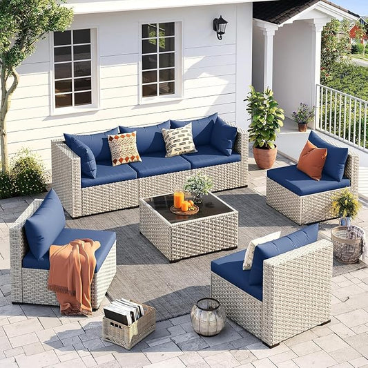 7-Piece Outdoor Patio Furniture Set with PE Wicker Sectional Sofa and Tea Table, Weather-Resistant Outdoor Conversation Set for Patio, Garden, Backyard Lounge Area(Blue)
