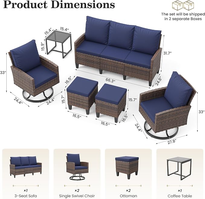 Amopatio Outdoor Patio Furniture Set, 6 Pieces Conversation Sofa with 360° Swivel Chairs, All Weather Wicker Outdoor Furniture for Backyard Garden Pool Deck,Blue