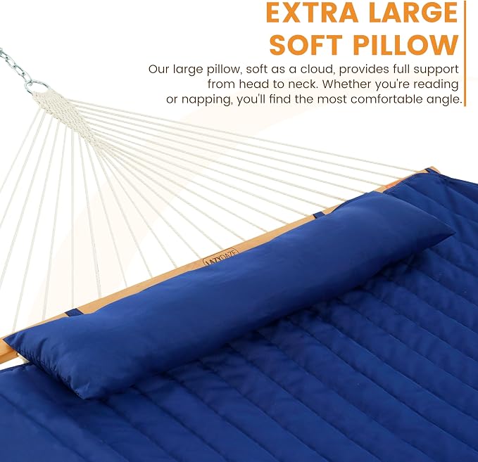 Lazy Daze Hammocks 2 Person Portable Hammock with 12FT Stand, 10.5FT Double Hand Woven Cotton Rope Hammock with Detachable Quilted Pad & Pillow for Outside, 450lb Capacity, Navy Blue